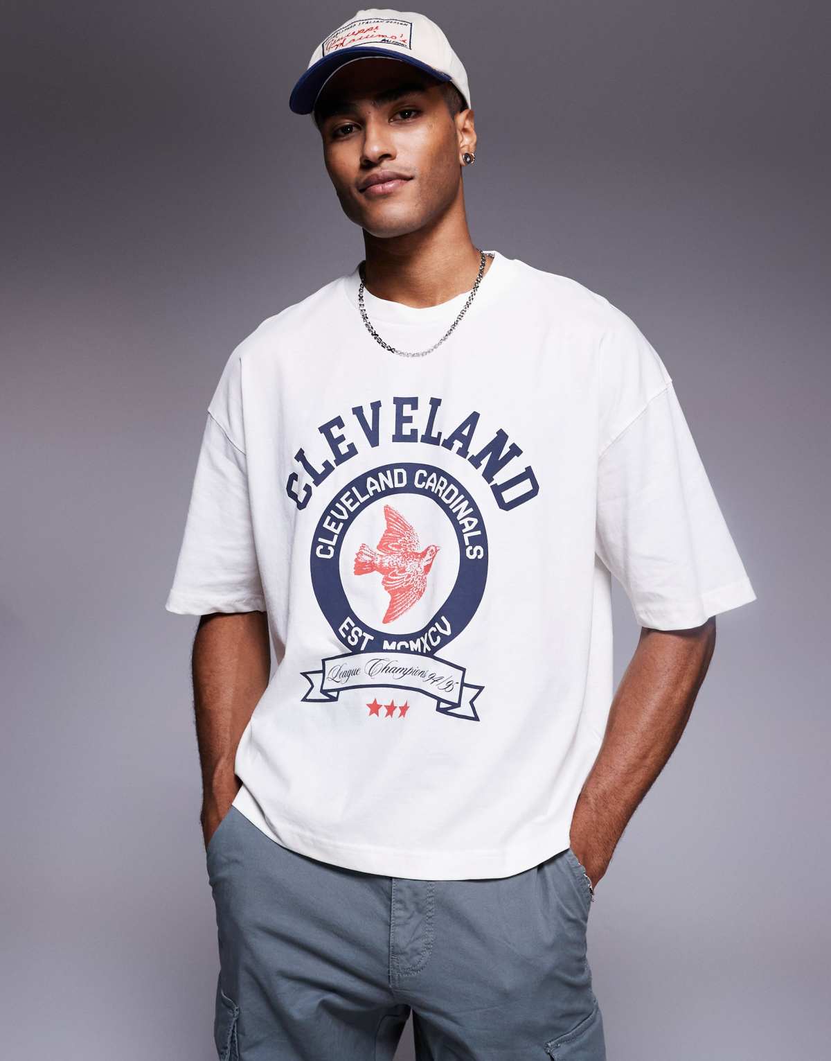 ASOS DESIGN boxy oversized t-shirt with varsity graphic in off white