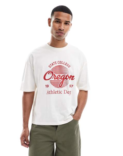 ASOS DESIGN boxy oversized T-shirt with varsity graphic in off white - view 1
