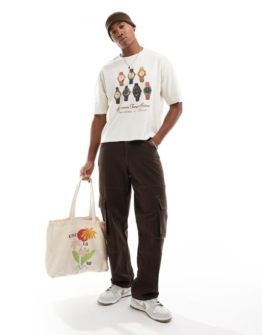 ASOS DESIGN boxy oversized t-shirt with watches front print in off white