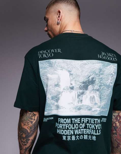 ASOS DESIGN boxy oversized T-shirt with waterfall graphic in dark green - view 1