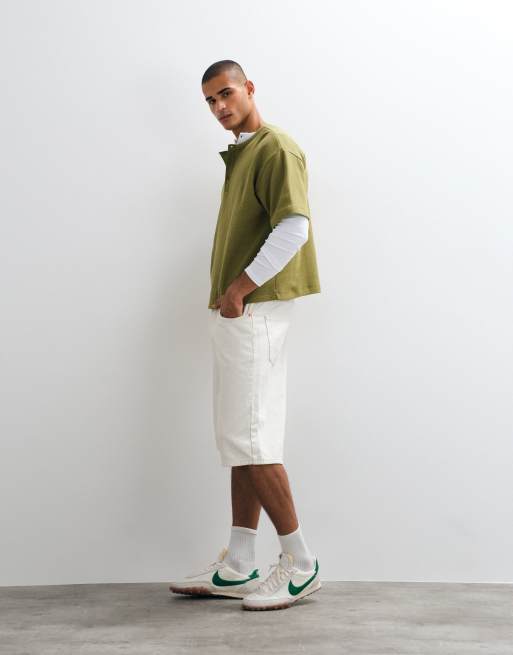 ASOS DESIGN boxy oversized t-shirt with woven henley in khaki waffle, 3 of 10