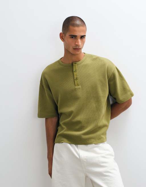 ASOS DESIGN boxy oversized t-shirt with woven henley in khaki waffle, 4 of 10