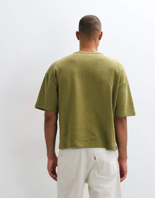 ASOS DESIGN boxy oversized t-shirt with woven henley in khaki waffle, 5 of 10