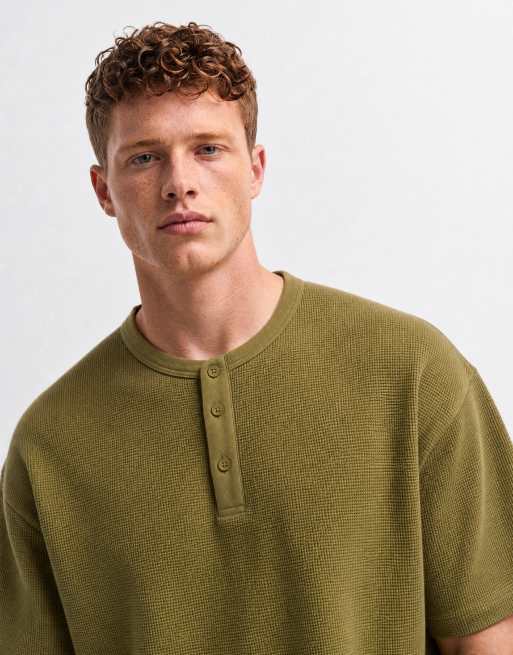 ASOS DESIGN boxy oversized t-shirt with woven henley in khaki waffle, 8 of 10