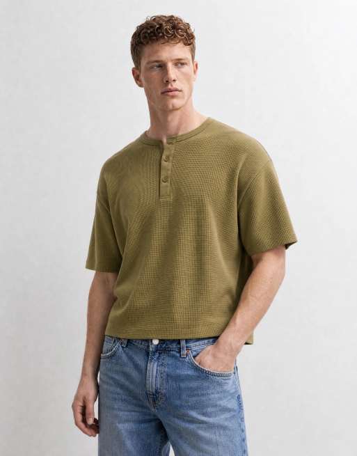 ASOS DESIGN boxy oversized t-shirt with woven henley in khaki waffle, 9 of 10