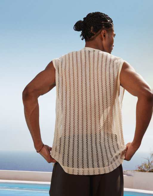 ASOS DESIGN boxy oversized tank in beige crochet