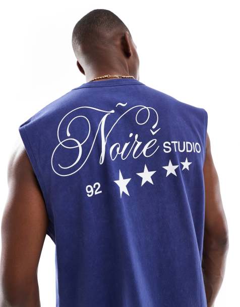 ASOS DESIGN boxy oversized tank in heavyweight 220gsm washed blue with text graphic - view 1