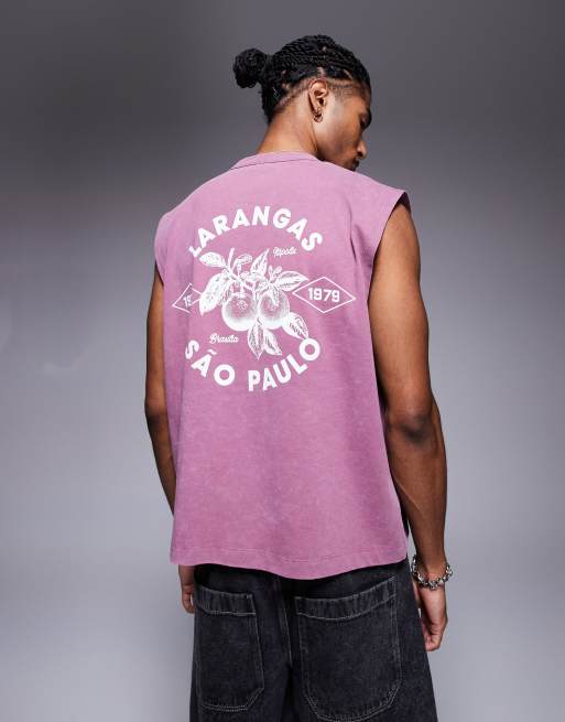 ASOS DESIGN boxy oversized tank in heavyweight 220gsm washed pink with city graphic