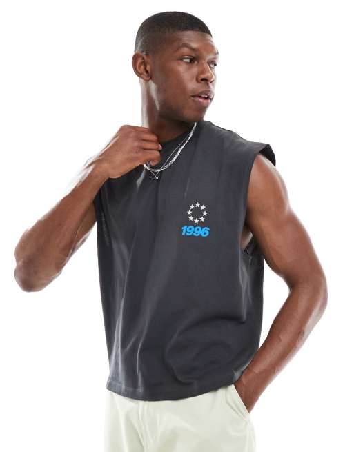 ASOS DESIGN boxy oversized tank in heavyweight 220gsm with sports graphic in charcoal