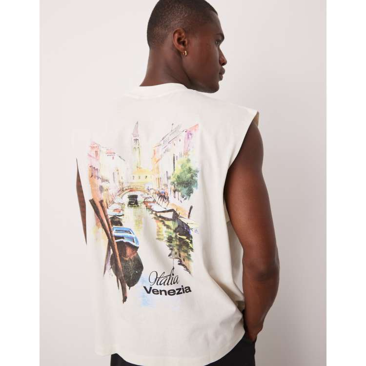 ASOS DESIGN boxy oversized tank top with city print in cream