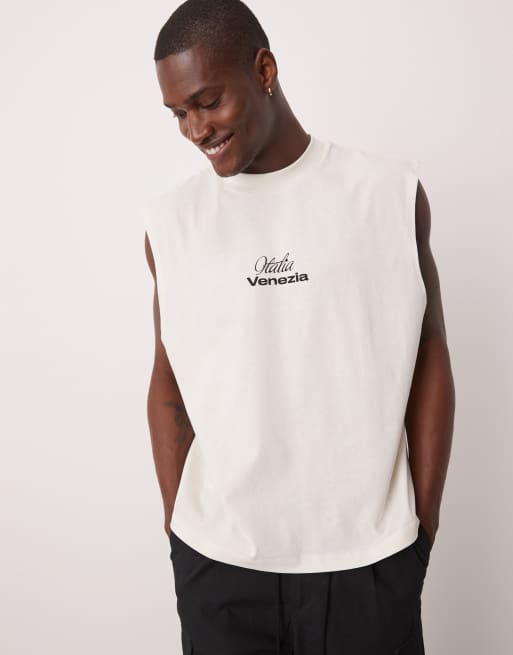 ASOS DESIGN boxy oversized tank top with city print in cream