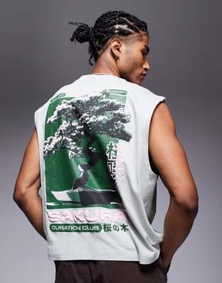 Asos Design Boxy Oversized Tank Top With Front And Back Graphics In Brown