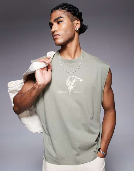 ASOS DESIGN boxy oversized tank with front and back print in light khaki