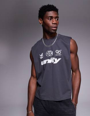 Asos Design Boxy Oversized Tank Top With Front Chest Graphic In Gray