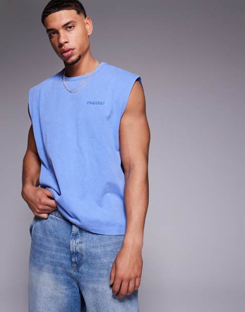 ASOS DESIGN boxy oversized tank top with text graphic in heavyweight 220gsm washed blue - view 1