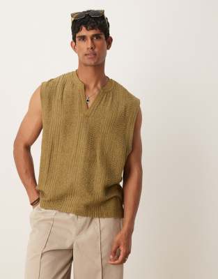 [ASOS DESIGN] ASOS DESIGN boxy oversized tank top with v neck in khaki texture-Green XL Martini olive