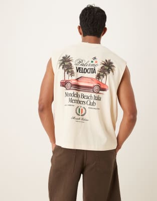 Asos Design Boxy Oversized Tank With Car Graphic In Neutral