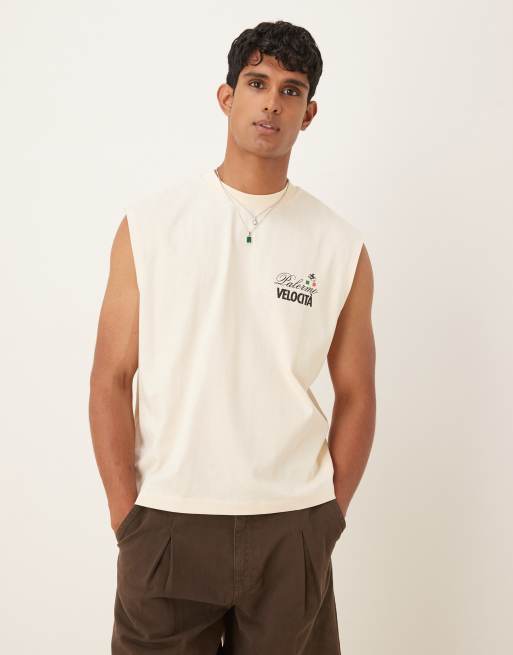 ASOS DESIGN boxy oversized tank with car graphic in beige