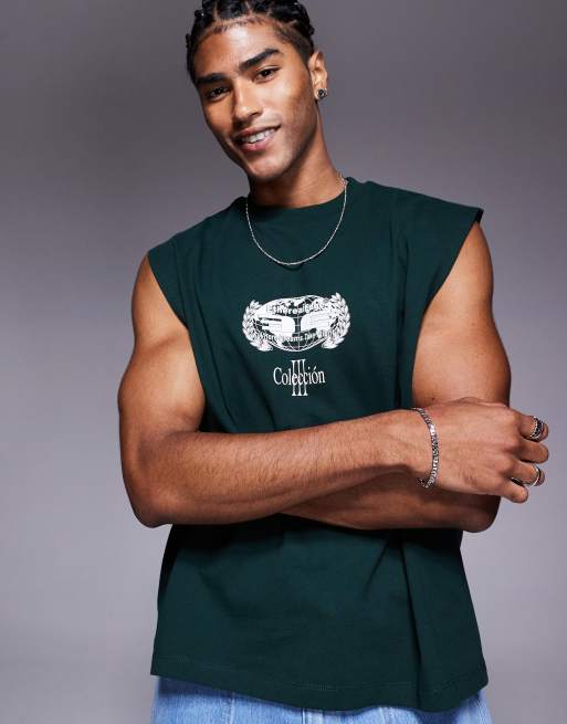 ASOS DESIGN boxy oversized tank with cherub graphic in dark green