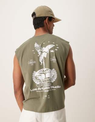 ASOS DESIGN boxy oversized tank with cherub graphic in olive - view 1