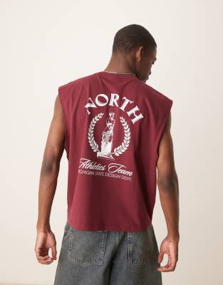 ASOS DESIGN boxy oversized tank with front and back print in burgundy-Red