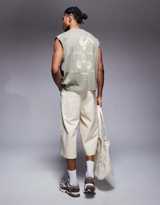 ASOS DESIGN boxy oversized tank with front and back print in light khaki , 3 of 4