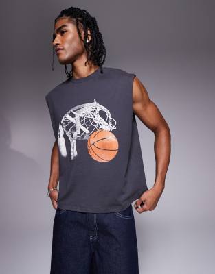Asos Design Boxy Oversized Tank With Front And Back Sports Graphics In Gray