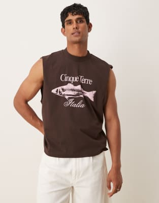 Asos Design Boxy Oversized Tank With Front Print In Brown