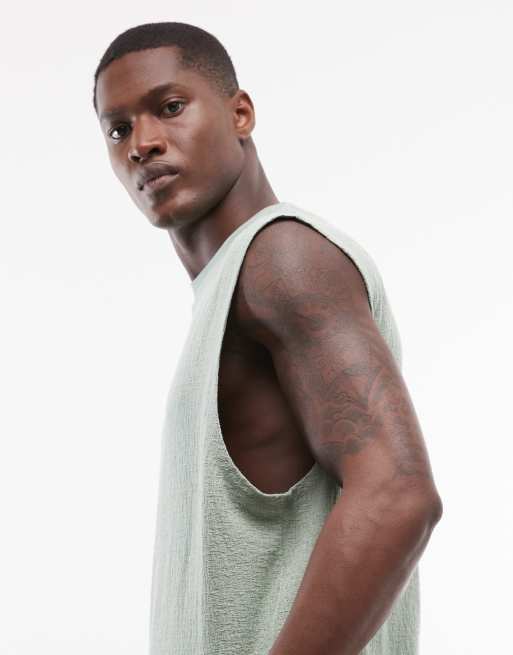 ASOS DESIGN boxy oversized tank with jacquard texture in sage green, 3 of 5