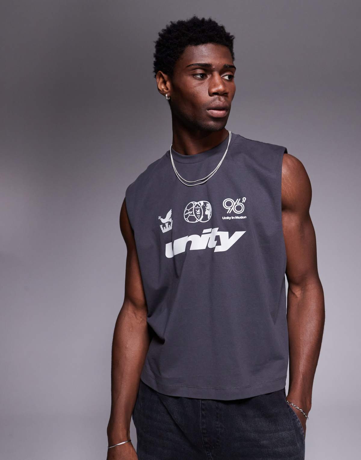 ASOS DESIGN boxy oversized tank with sports text graphic in charcoal
