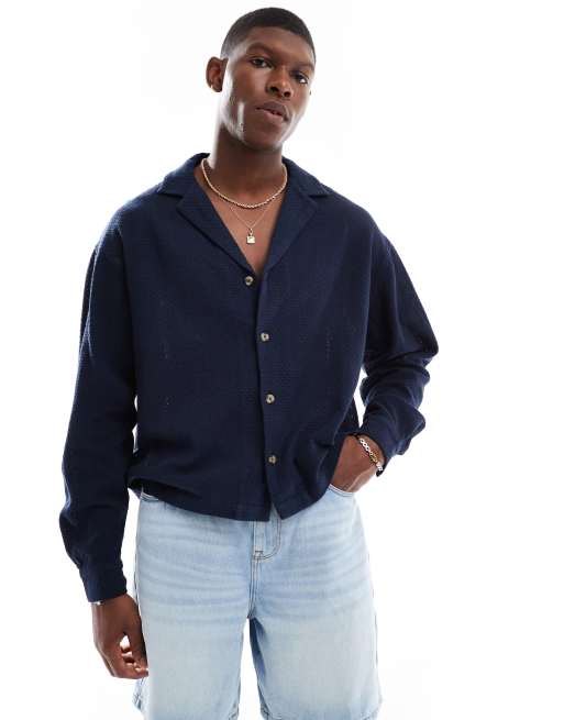 ASOS DESIGN boxy oversized texture shirt in navy