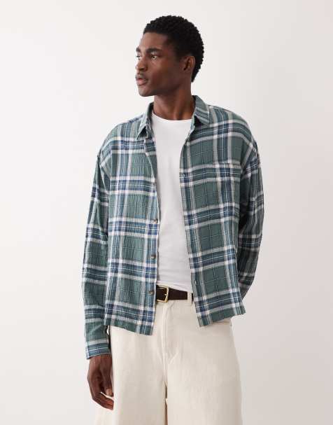 ASOS DESIGN boxy oversized textured check shirt in dark green