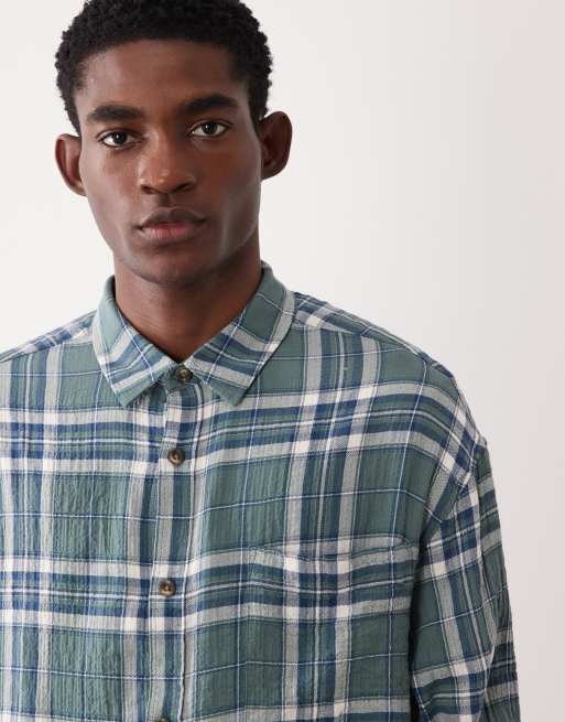 ASOS DESIGN boxy oversized textured check shirt in dark green, 5 of 5