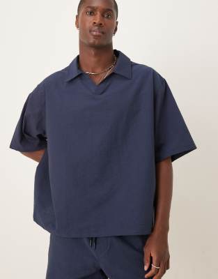 Asos Design Boxy Oversized Textured Polo Shirt In Blue