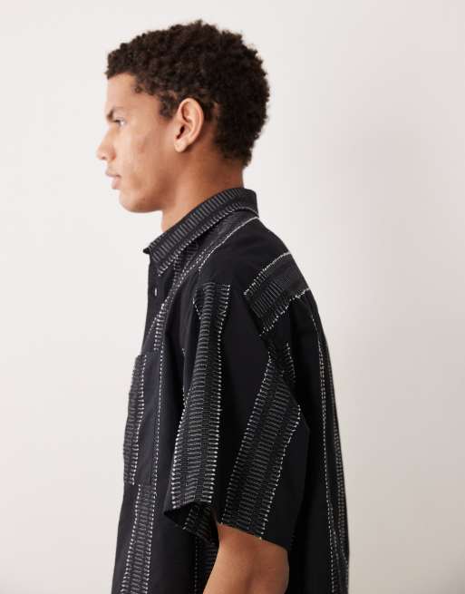 ASOS DESIGN boxy oversized textured shirt in black, 4 of 5