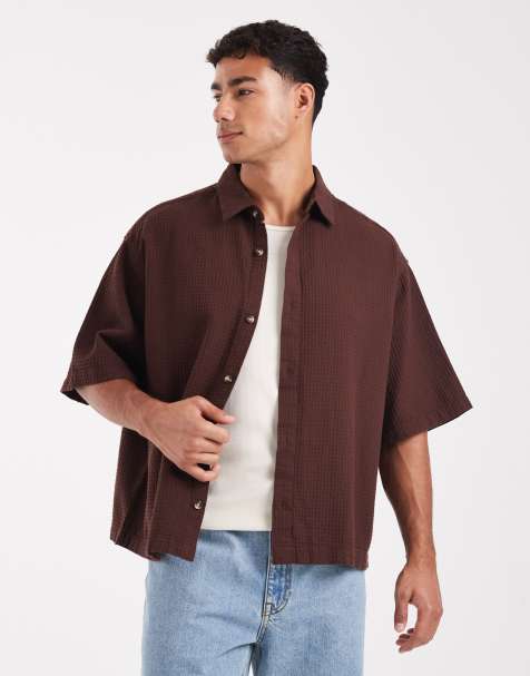 ASOS DESIGN boxy oversized textured shirt in brown - view 1