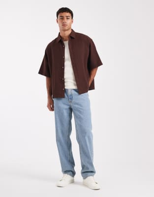Asos Design Boxy Oversized Textured Shirt In Brown
