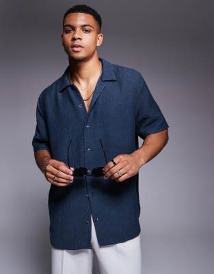 Asos Design Boxy Oversized Textured Shirt In Blue