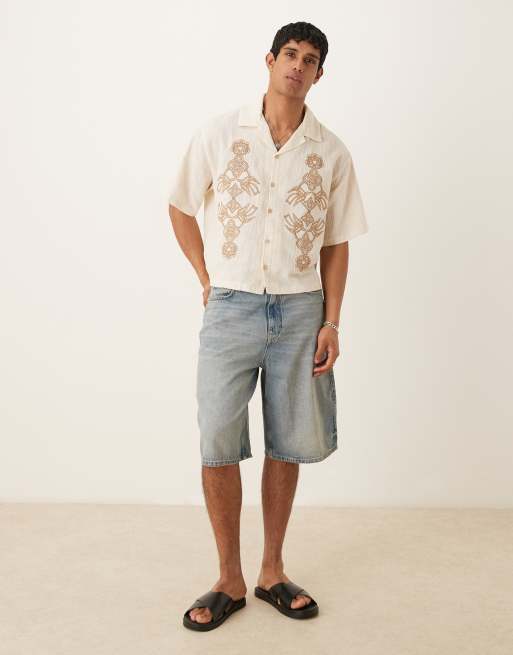 ASOS DESIGN boxy oversized textured shirt with embroidery in beige