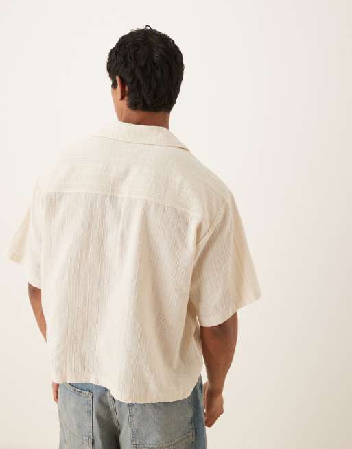 ASOS DESIGN boxy oversized textured shirt with embroidery in beige