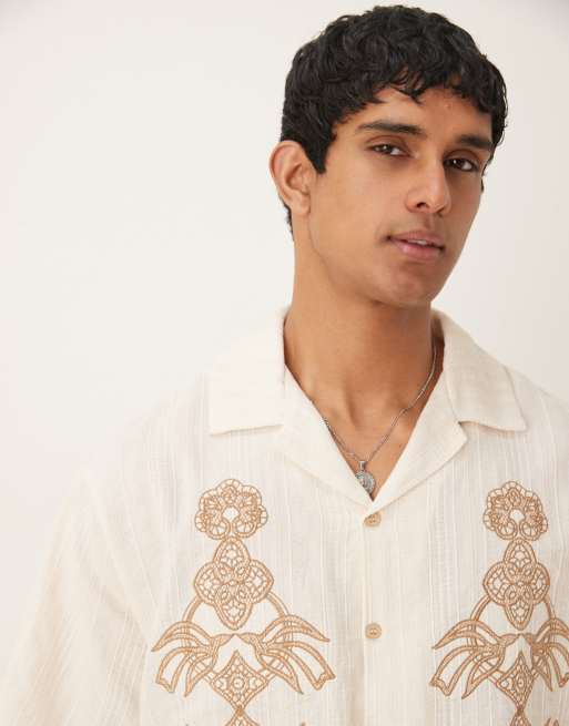 ASOS DESIGN boxy oversized textured shirt with embroidery in beige