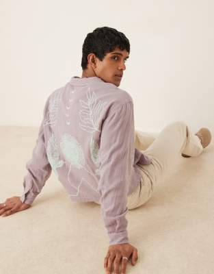 Asos Design Boxy Oversized Textured Shirt With Embroidery In Purple