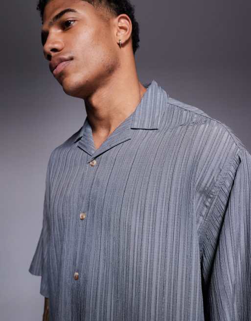 ASOS DESIGN boxy oversized textured shirt with longer short sleeves in gray