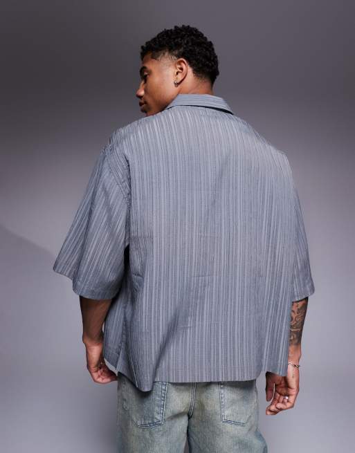 ASOS DESIGN boxy oversized textured shirt with longer short sleeves in gray