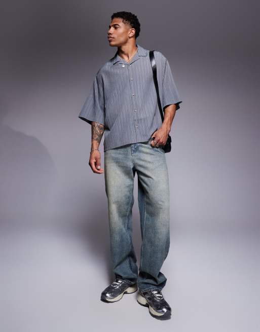 ASOS DESIGN boxy oversized textured shirt with longer short sleeves in gray