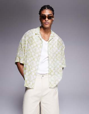 Asos Design Boxy Oversized Textured Shirt With Tile Print