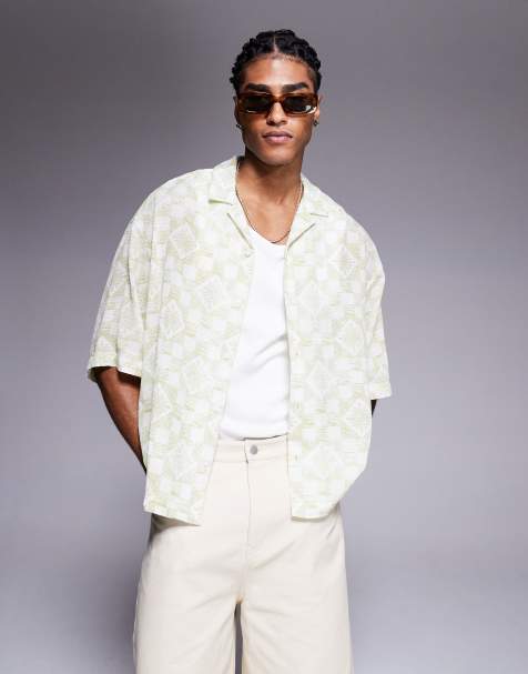 ASOS DESIGN boxy oversized textured shirt with tile print in sage green - view 1