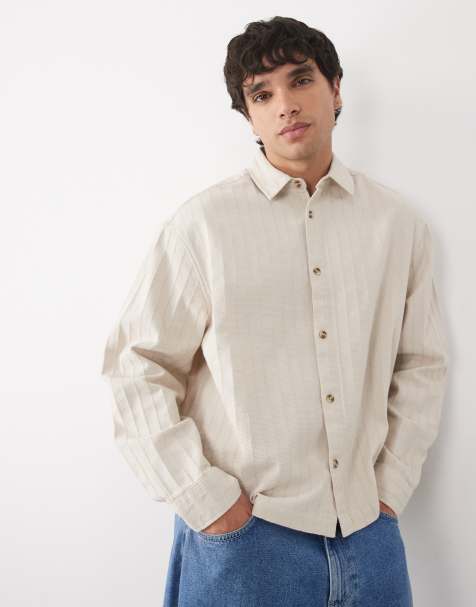 ASOS DESIGN boxy oversized textured stripe shirt in beige - view 1