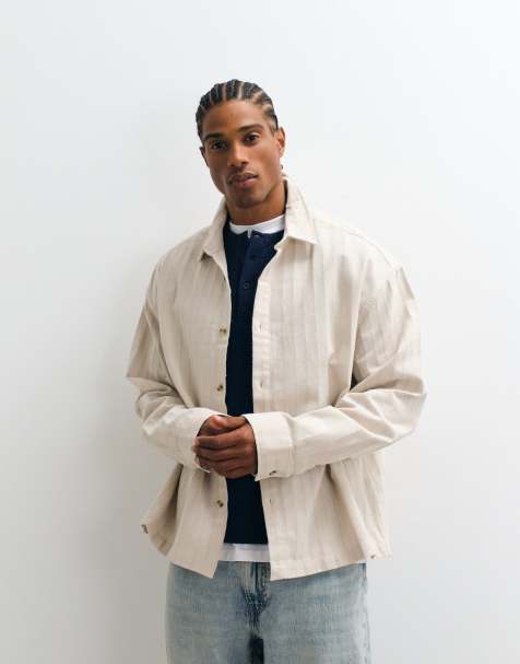 ASOS DESIGN boxy oversized textured striped shirt in beige - view 1
