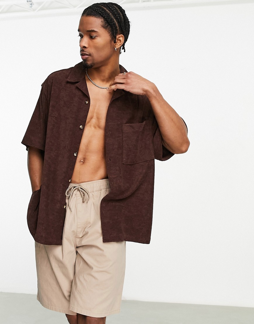 Asos Design Boxy Oversized Towelling Shirt In Brown
